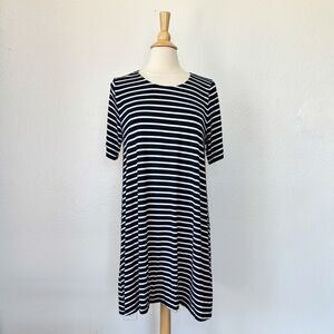 Navy Blue & White Short Sleeve Striped Crochet Accent Button Back T-Shirt Dress